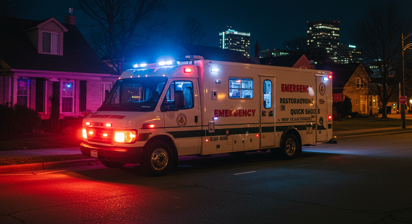 A branded emergency restoration vehicle parked outside a property in Tulsa at night, with its lights on, indicating a quick response. The scene captures urgency and professionalism, with subtle city elements in the background.