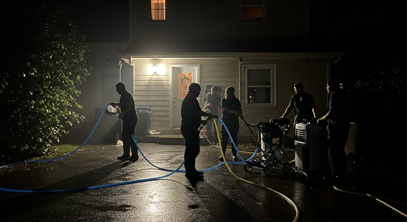 A professional cleaning team working late at night in a flood-damaged residential home, using industrial-grade cleaning equipment like water extractors and dehumidifiers. The focus is on their swift response and teamwork.