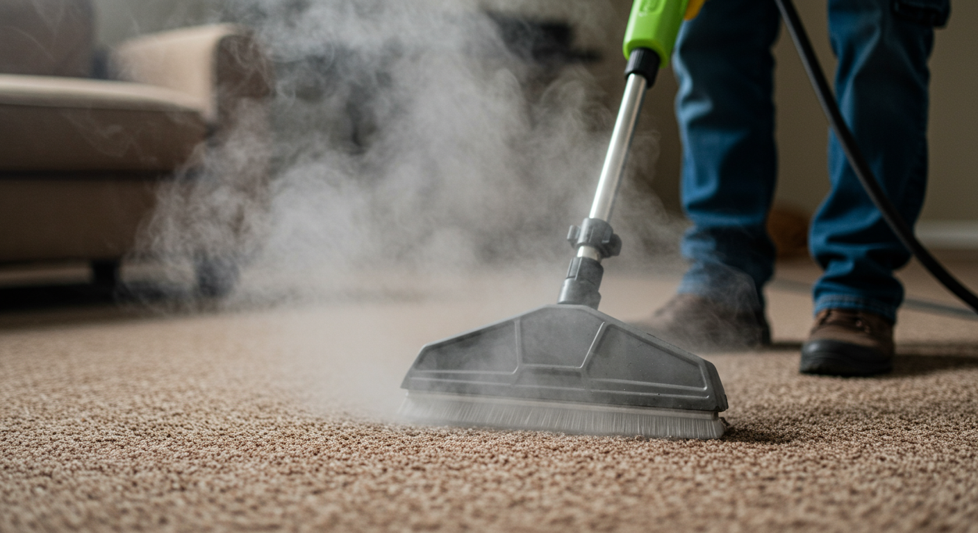A close-up shot of a technician from All Pro Restoration using a steam cleaner on a carpet, with water vapor rising and dirt being extracted. The focus is on the cleaning process, emphasizing the effectiveness of professional services.