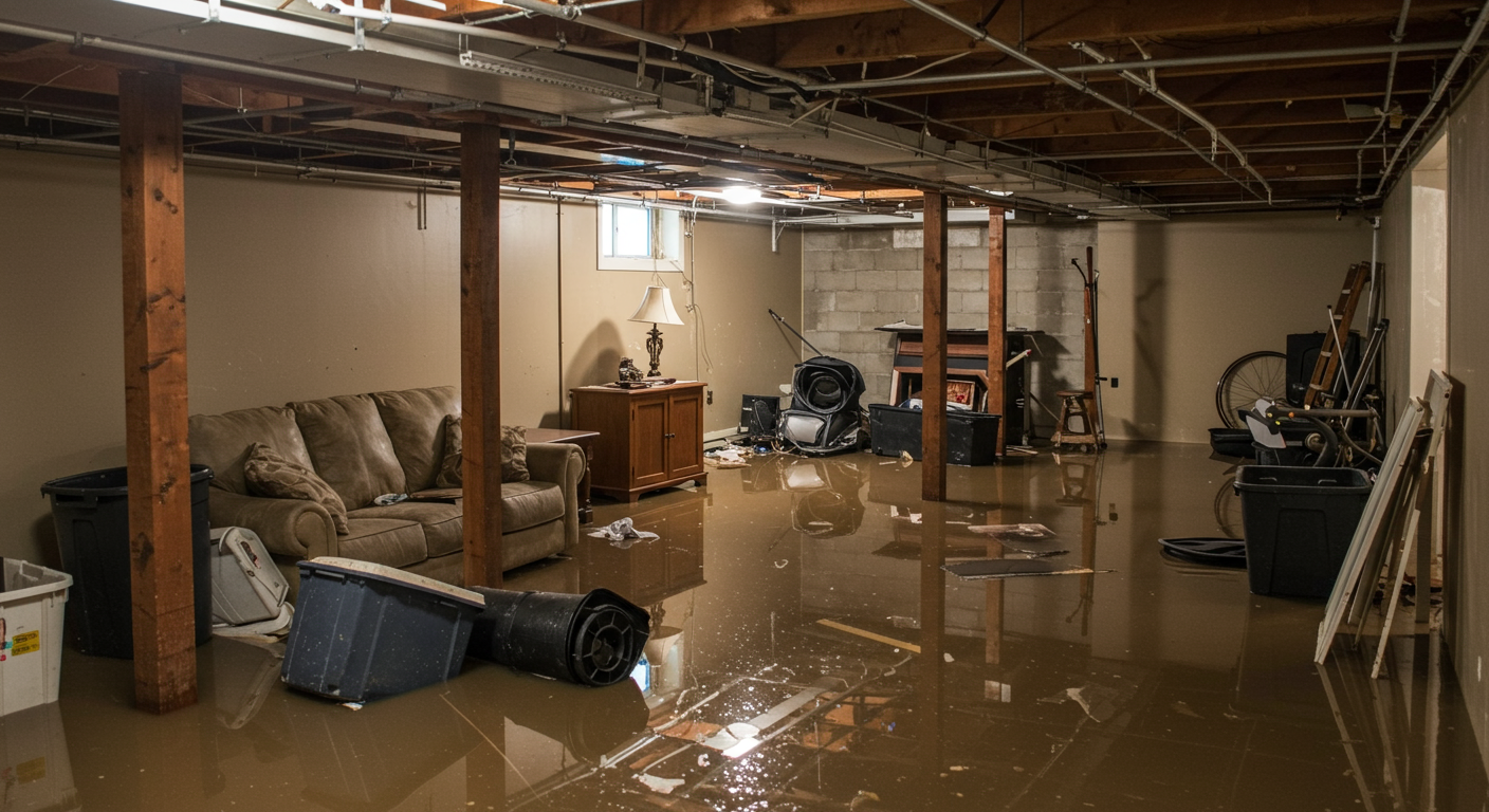 A flooded basement with standing water, showcasing damaged furniture and personal belongings. The image captures the severity of the flooding, emphasizing the impact on a homeowner's space.