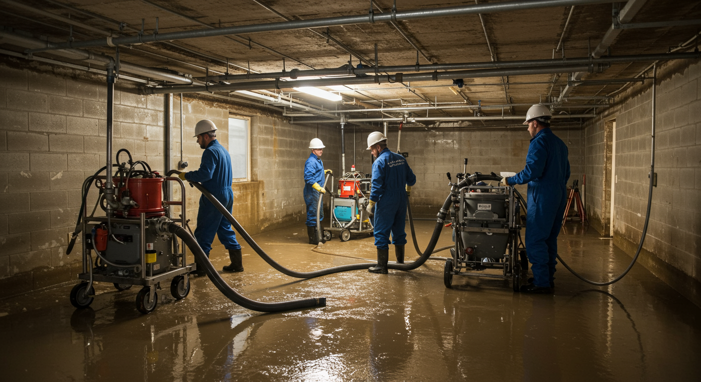 Restoration professionals actively working in a flooded basement