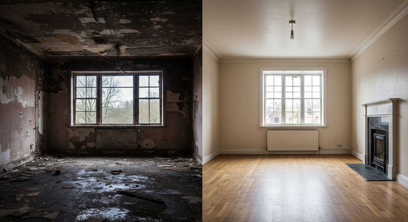 A split-screen image showing a fire-damaged room on one side and the same room fully restored on the other. The restored side is clean, bright, and inviting.