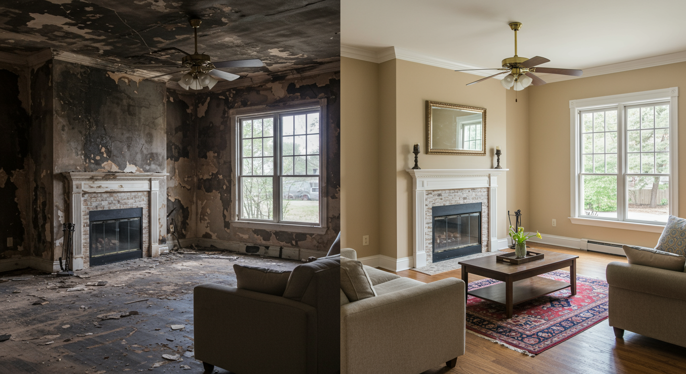 A before-and-after collage showcasing a fire-damaged living room transformed into a restored, cozy space.