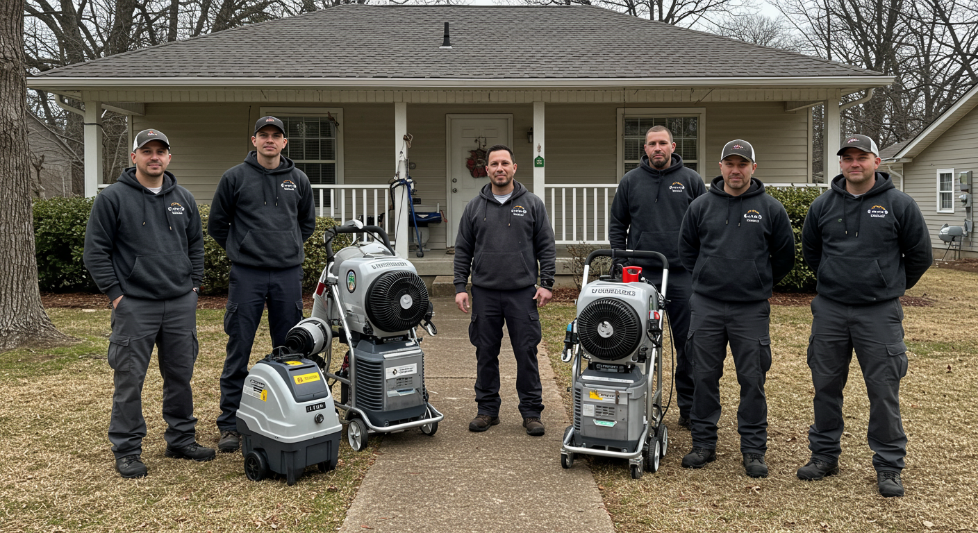 A group of certified technicians standing next to advanced restoration equipment outside a residential property in Tulsa.