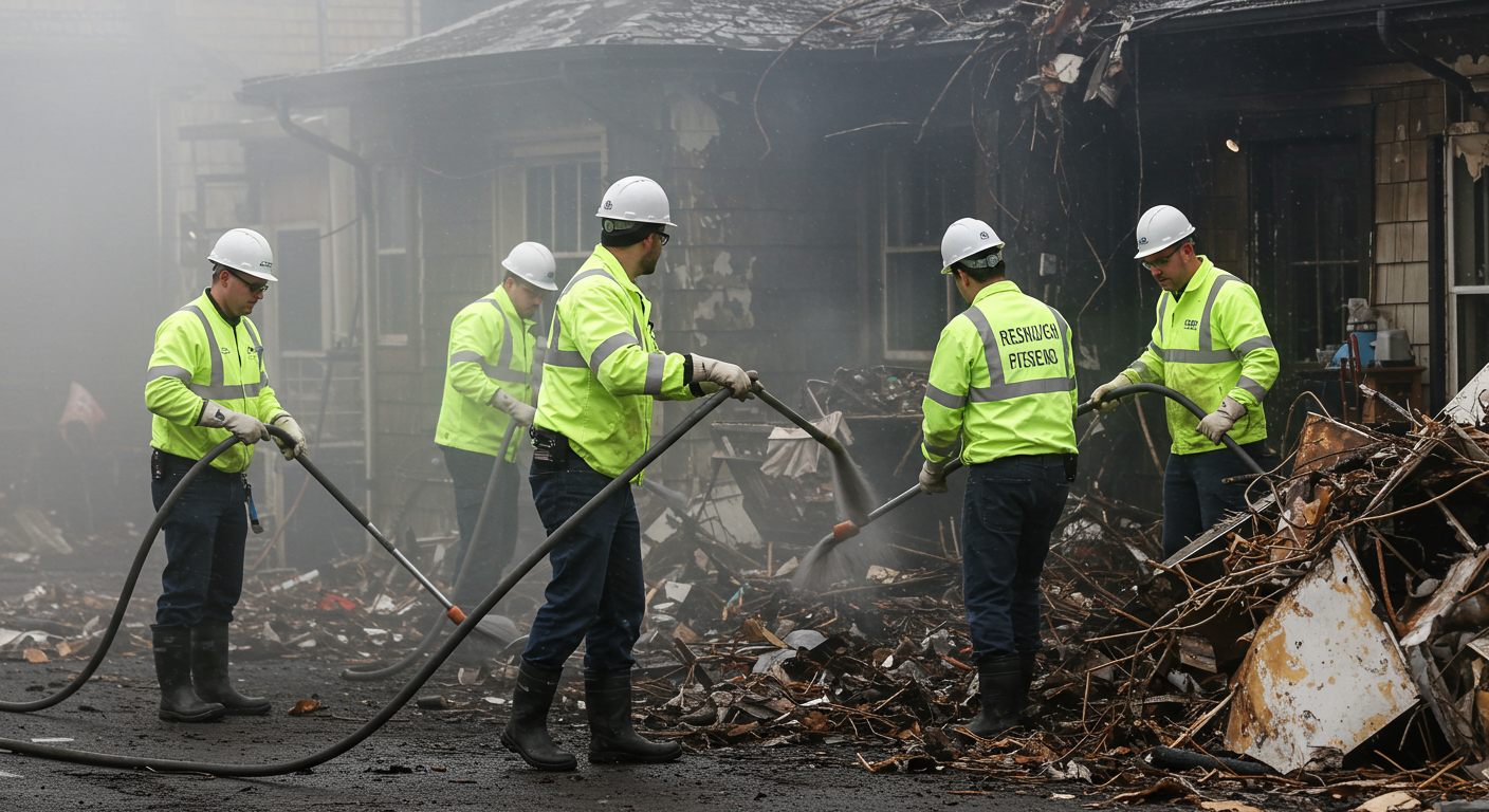 A team of restoration experts actively cleaning up debris and soot from a fire-damaged property. They are using specialized equipment, showcasing the thoroughness of professional cleanup services.