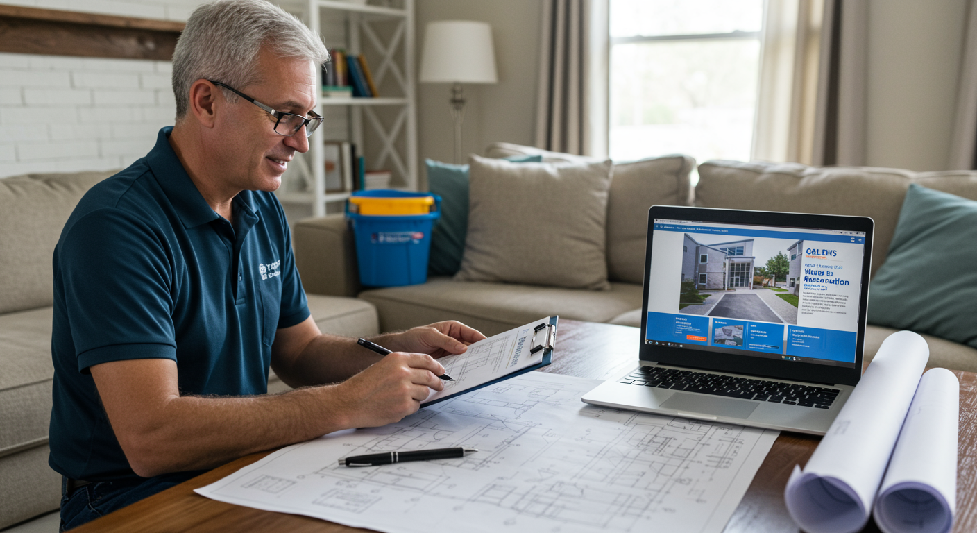 A friendly water restoration expert discussing restoration plans with a homeowner in their living room.