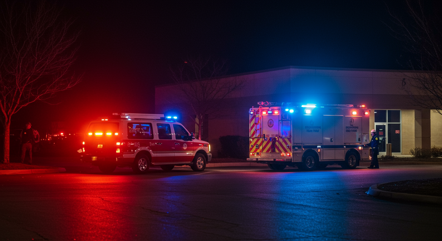 A nighttime scene of a restoration team arriving at a commercial building with emergency lights on their vehicle. The image conveys urgency and readiness to assist at any hour.