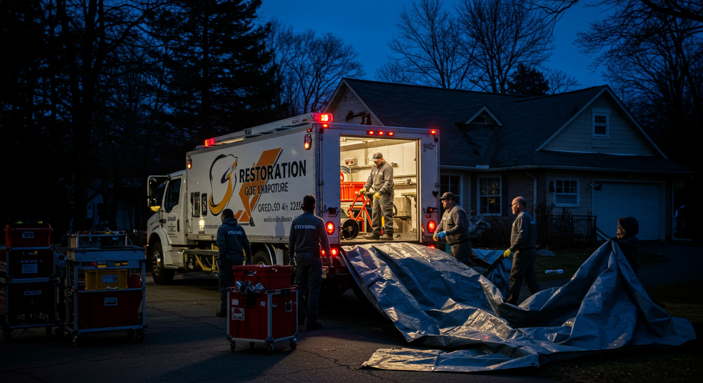 A restoration team responding to a storm-damaged property at dusk. They are unloading equipment from a branded truck and setting up tarps to protect the property.