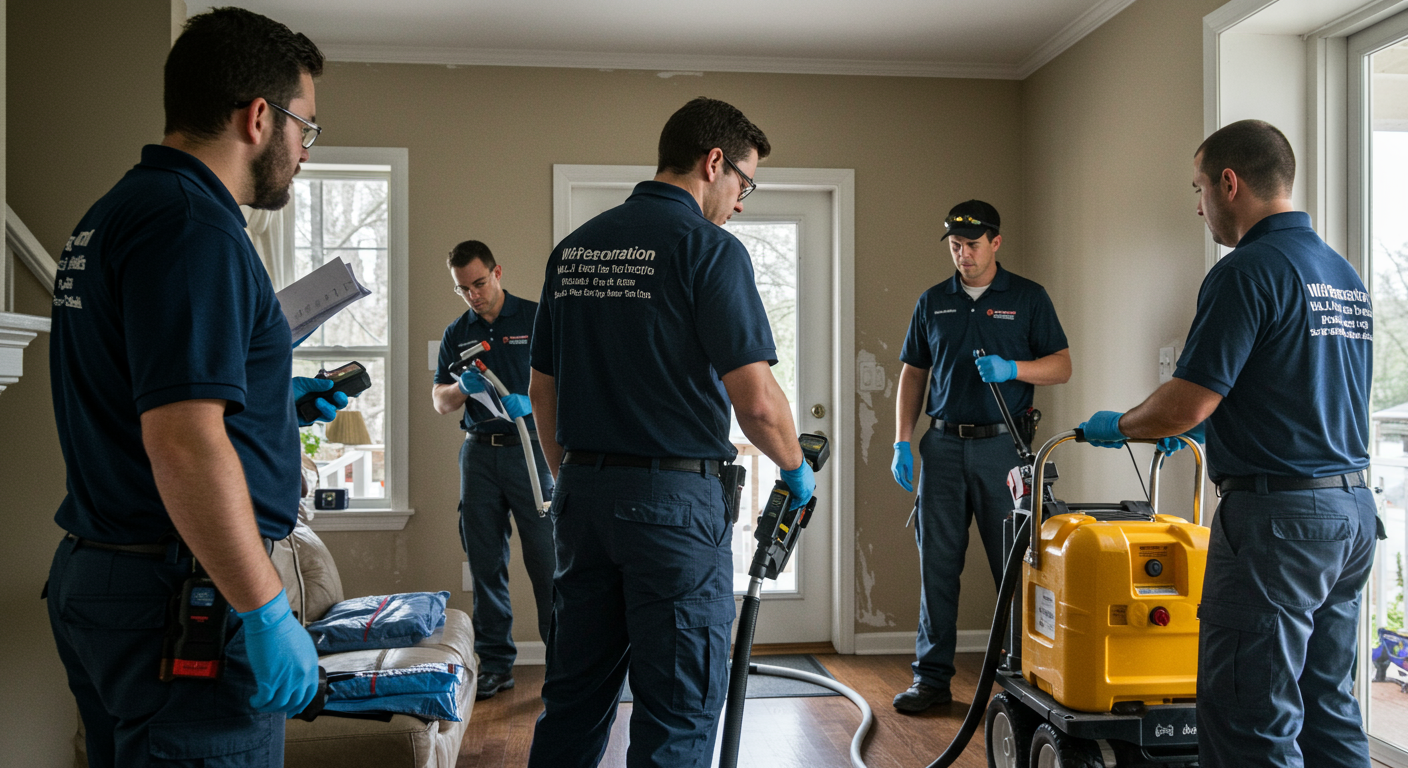 A team of restoration professionals in branded uniforms working diligently to assess and mitigate water damage in a residential home.