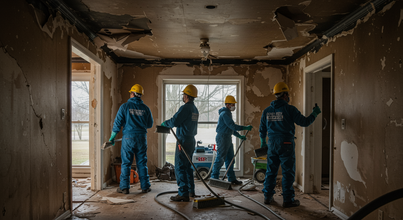 A team of restoration professionals working together in a fire-damaged home in Tulsa, OK. The team is seen cleaning walls, removing debris, and operating advanced restoration equipment. The background shows a mix of damaged and restored areas to highlight the ongoing process.