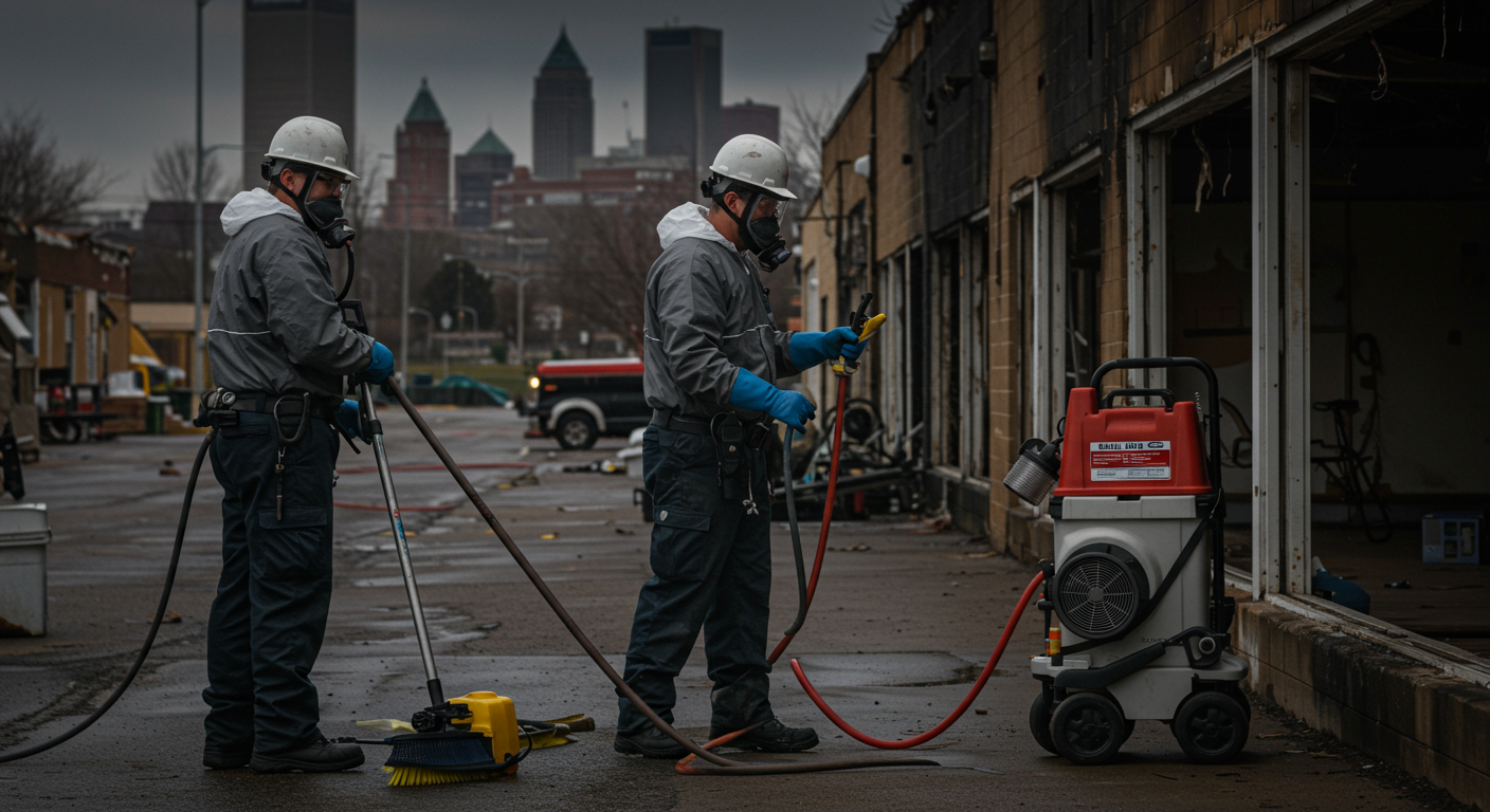 A professional restoration team in safety gear actively working on restoring a fire-damaged commercial property. The scene includes tools and equipment like air scrubbers and cleaning supplies. The background subtly highlights a Tulsa cityscape.