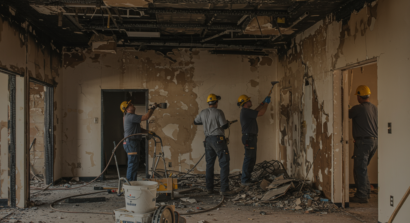 A team of certified technicians repairing fire-damaged walls in a commercial building.