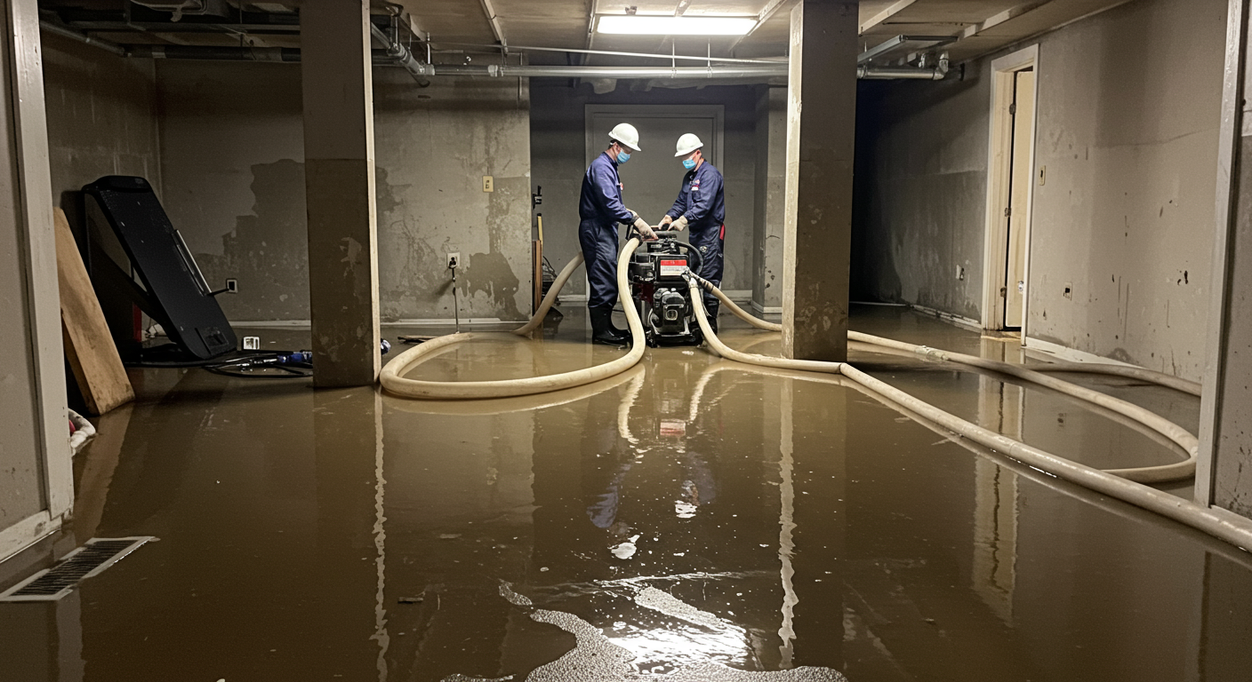 A team of professional water restoration technicians in uniform, using advanced equipment like water extractors and dehumidifiers in a flooded residential living room.