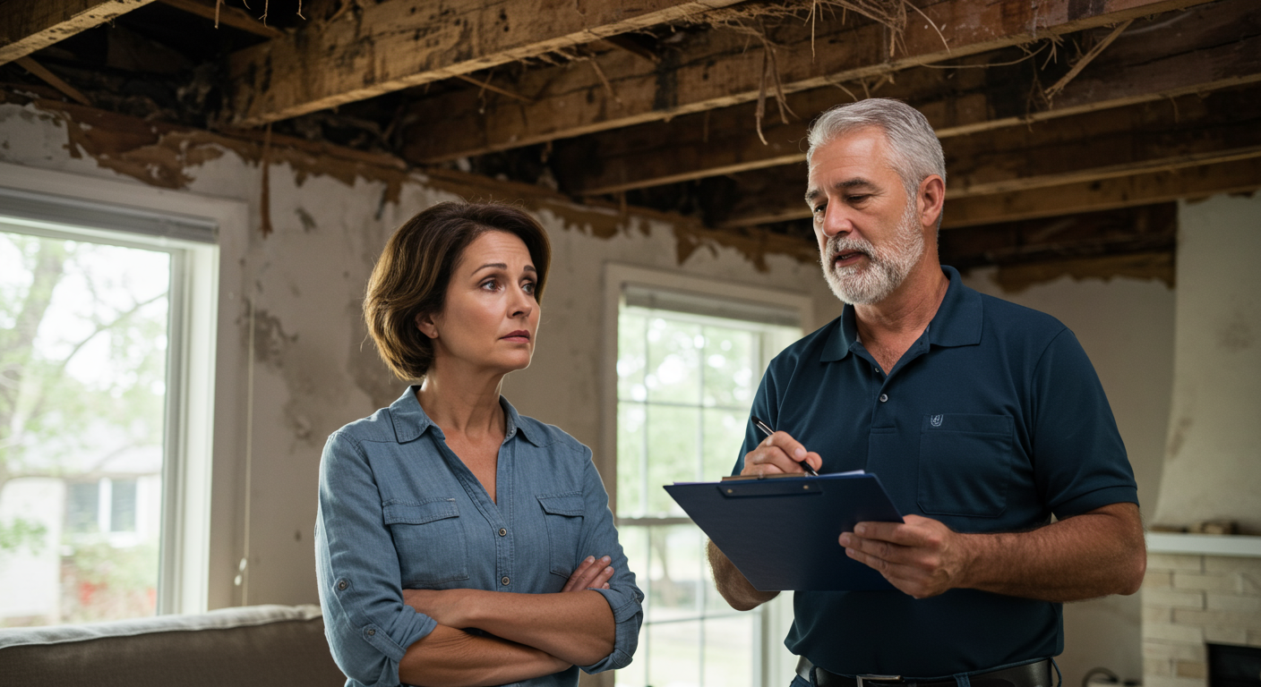 A homeowner discussing restoration plans with a professional technician holding a clipboard, with visible water damage in the background.