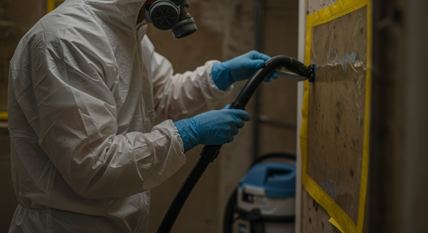 A close-up of a technician in protective gear performing mold remediation in a residential basement.