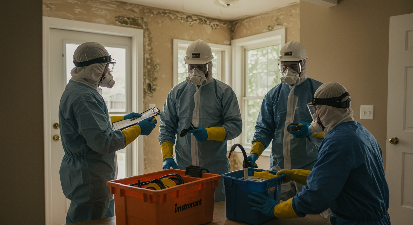 A team of restoration professionals collaborating on a mold remediation project in a home, with protective gear and equipment.