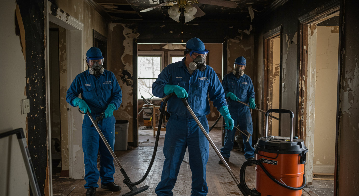 A team of certified restoration professionals actively cleaning a fire-damaged property.