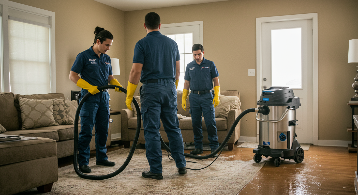 A professional restoration team using advanced equipment to extract water from a flooded living room.