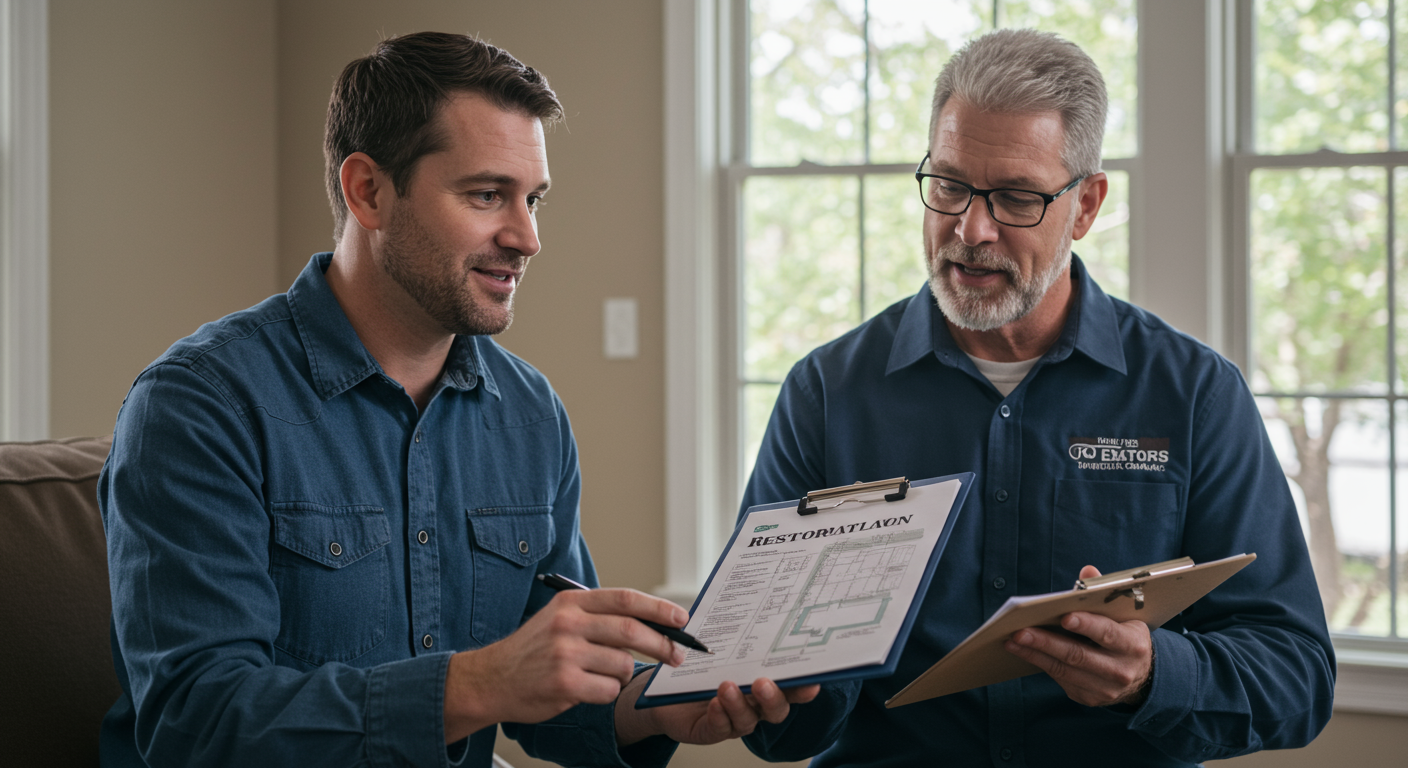 A friendly restoration expert consulting with a homeowner in Tulsa, showing a clipboard with a restoration plan. The setting is a clean, restored living room with natural light coming through the windows.