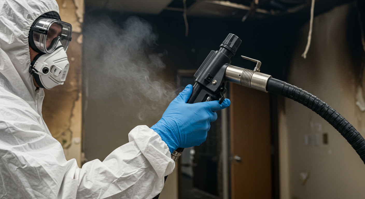 A close-up of a restoration technician using specialized equipment to remove smoke and odors from a commercial property. The background includes a partially damaged office space with visible smoke stains on the walls and ceiling.