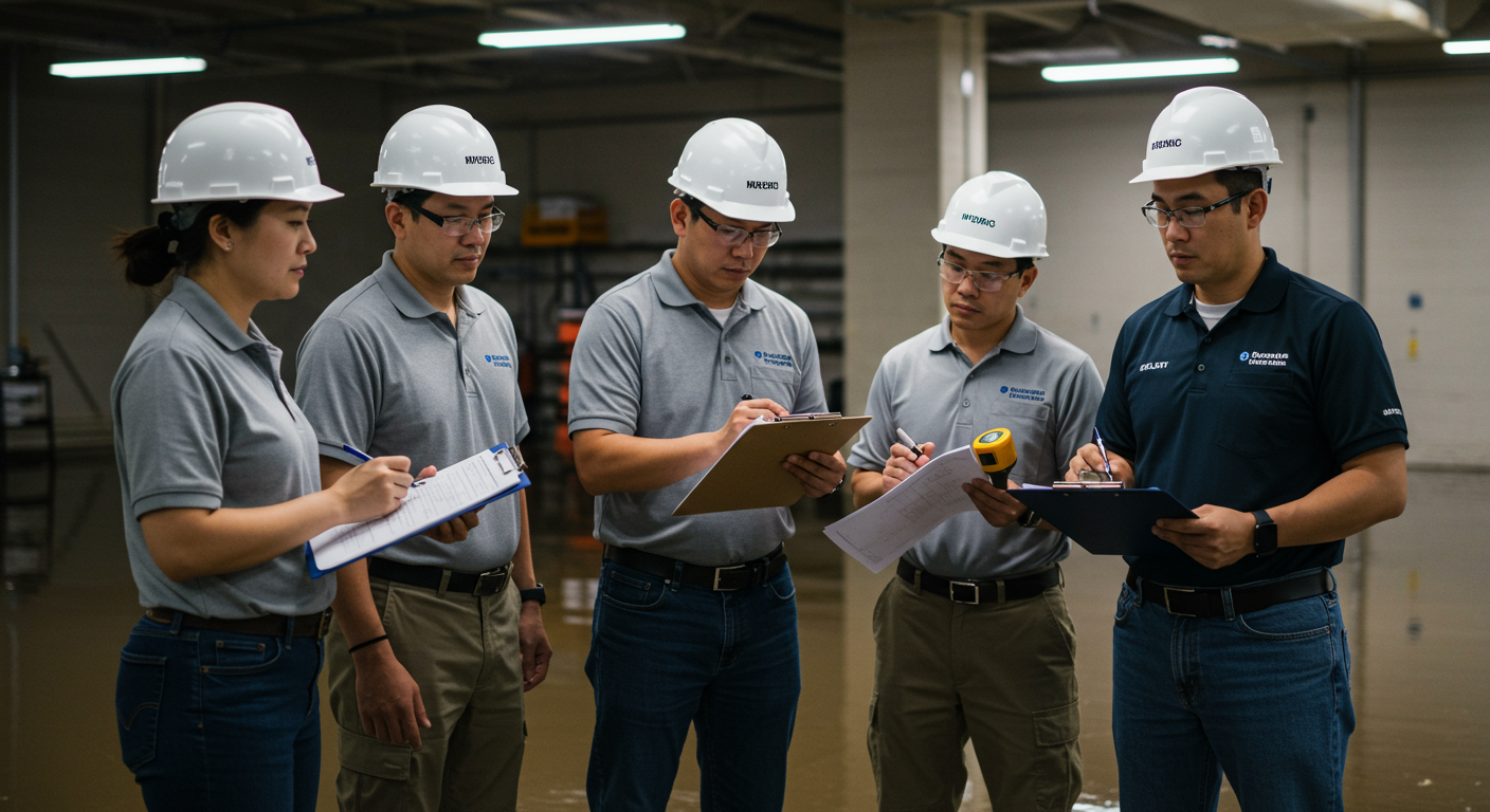 A team of water damage restoration professionals assessing a flooded commercial property. The team is holding clipboards and moisture meters, discussing the restoration plan.