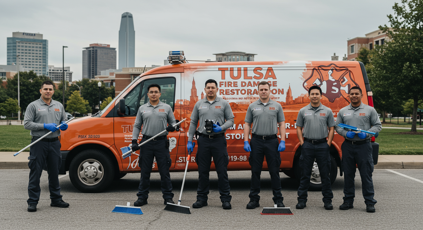 A team of restoration professionals standing in front of a branded van with 'Tulsa Fire Damage Restoration' written on it.