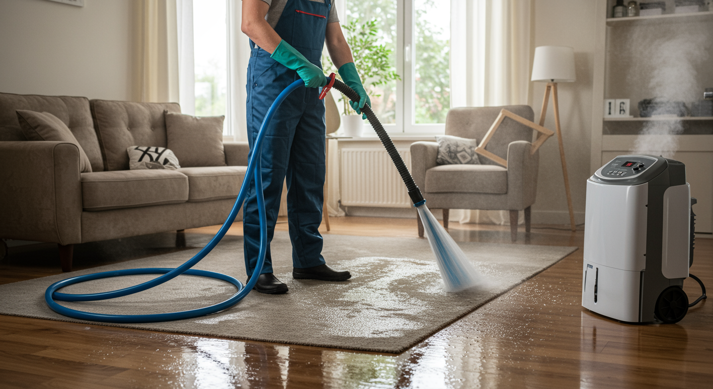 A professional technician using advanced water extraction equipment to remove water from a flooded residential living room. The setting includes a visibly wet carpet, furniture being carefully moved, and a dehumidifier running in the background.