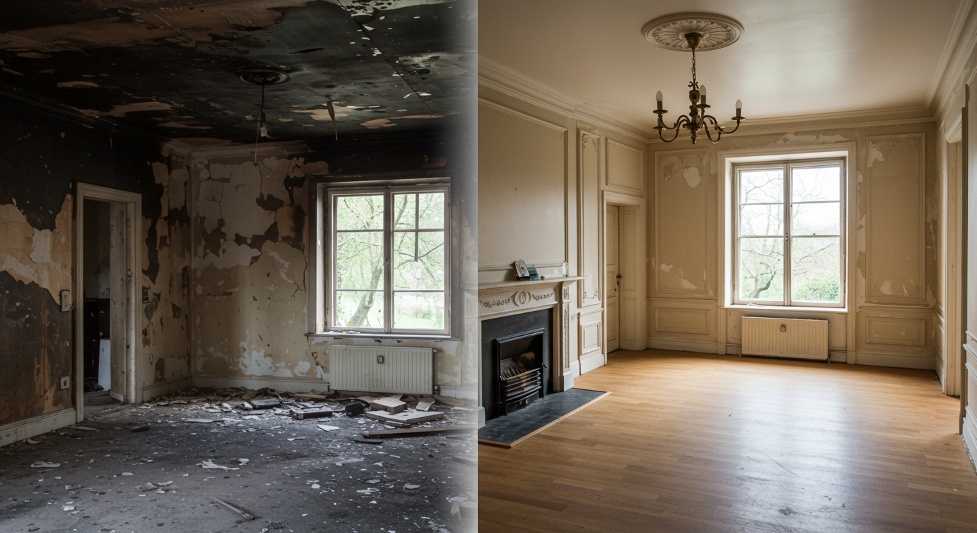 A split image showcasing a room affected by fire damage on one side and the same room beautifully restored on the other. The contrast highlights the effectiveness of professional restoration services.