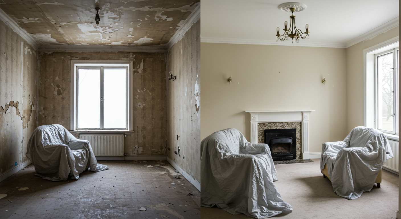 A split image showing a room before restoration (water-damaged) and after restoration (clean and restored).