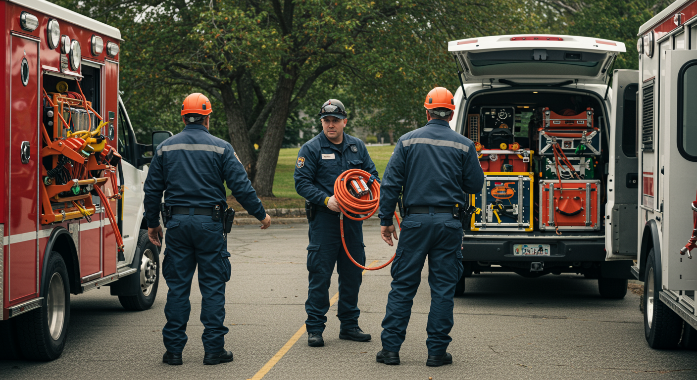 A restoration crew responding to an emergency call, loading equipment into a vehicle, ready to assist a family in need after a disaster.
