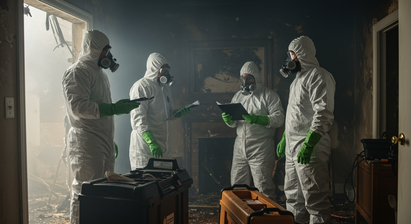 A professional restoration team in protective gear actively working in a smoke-damaged home. They are assessing the damage and preparing equipment for cleanup.