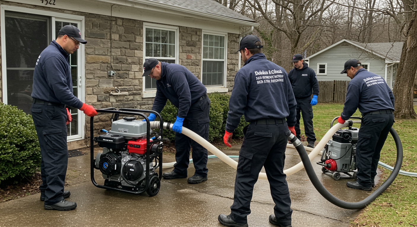 A team of restoration experts in branded uniforms actively working to extract water from a flooded home. They are using professional equipment like water pumps and dehumidifiers.