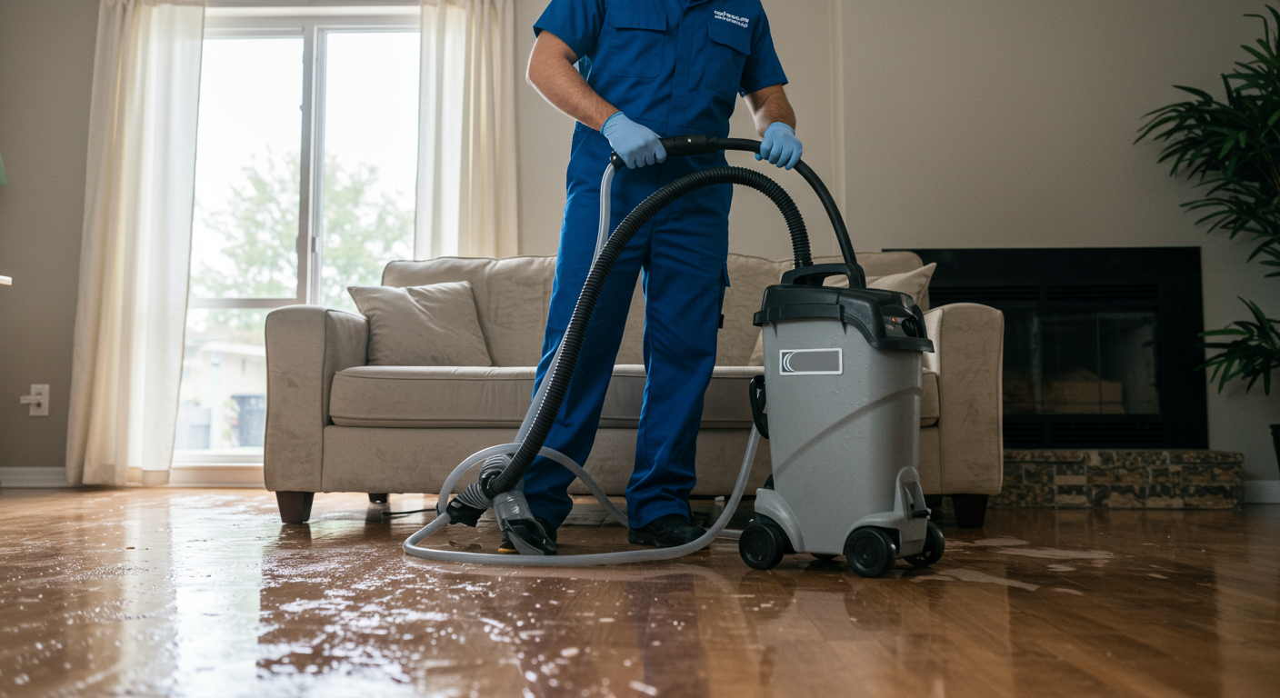 A professional technician in a blue uniform is actively using a high-powered water extraction machine in a flooded living room. The technician is focused and determined, showcasing the urgency of the restoration process.