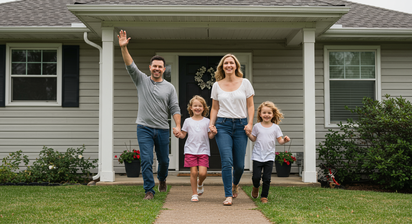 A family joyfully entering their home after smoke damage restoration. The house looks fresh and inviting, symbolizing hope and recovery, with smiles on their faces as they step inside.