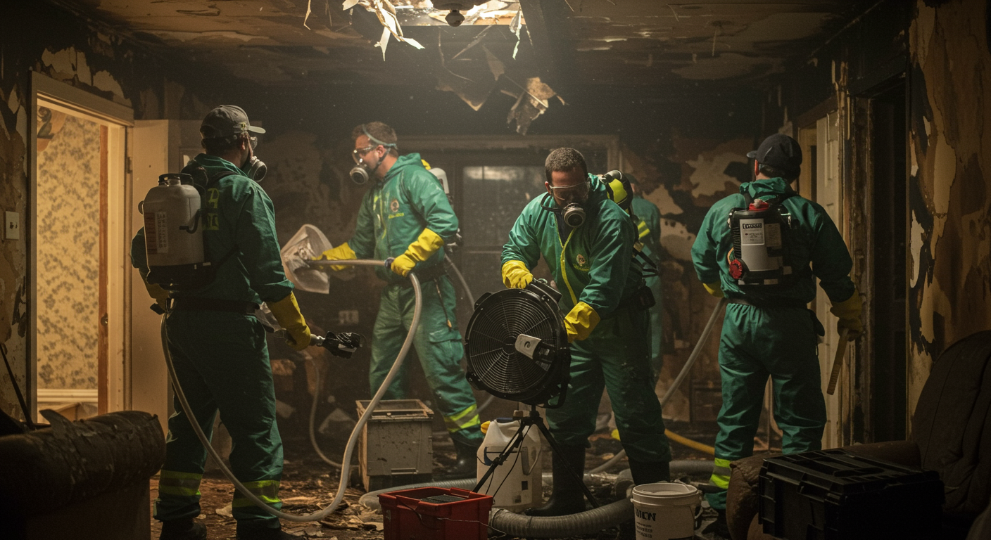 A team of fire remediation specialists working together to clean up a fire-damaged home, using advanced equipment and techniques.