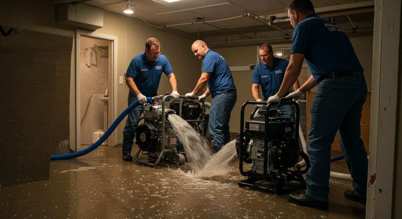 A dynamic scene showing a team of restoration experts actively removing water from a flooded basement using industrial pumps and equipment. The focus is on teamwork and the efficiency of the restoration process.