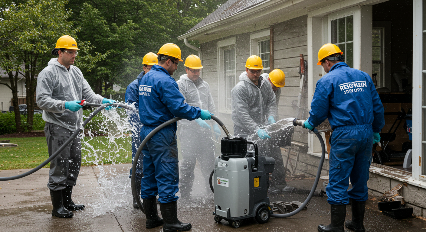 A team of restoration professionals in action, wearing safety gear, working on a water-damaged home. They are using equipment like dehumidifiers and water extraction tools.