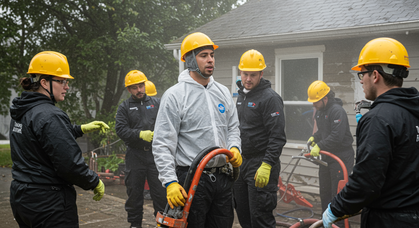 A team of restoration professionals in action, wearing safety gear, working on a water-damaged home. The focus is on their teamwork and dedication.