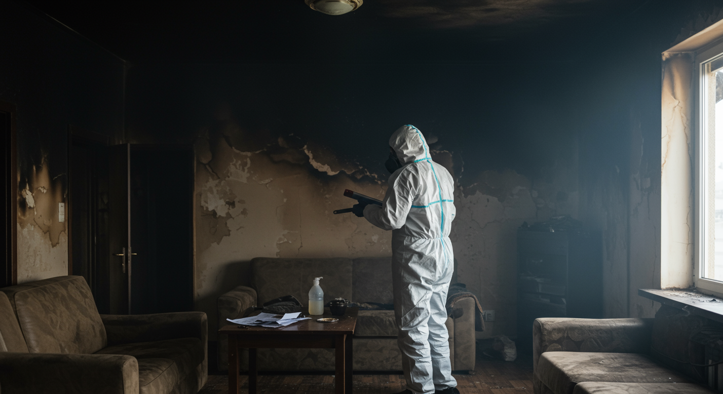 A professional restoration technician in protective gear assessing smoke damage in a living room, with visible soot on the walls and furniture.