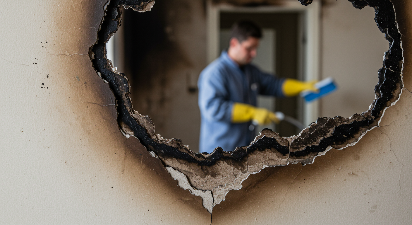 A close-up of a damaged wall with visible smoke stains and soot, showcasing the aftermath of a fire. In the background, a restoration professional is preparing to clean the area, emphasizing the restoration process.
