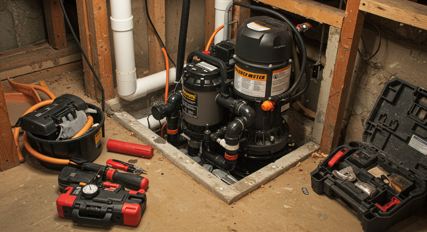 A detailed view of a sump pump installation in a basement, with tools and equipment neatly arranged around it. The focus is on the sump pump as a preventative measure.