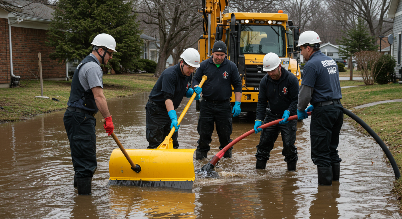A team of restoration professionals working together to remove water from a flooded area, showcasing teamwork and collaboration.