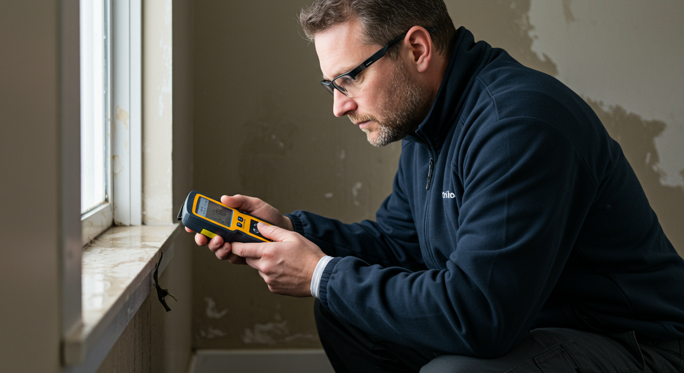 A professional technician inspecting a water-damaged area, using a moisture meter to assess the extent of the damage.
