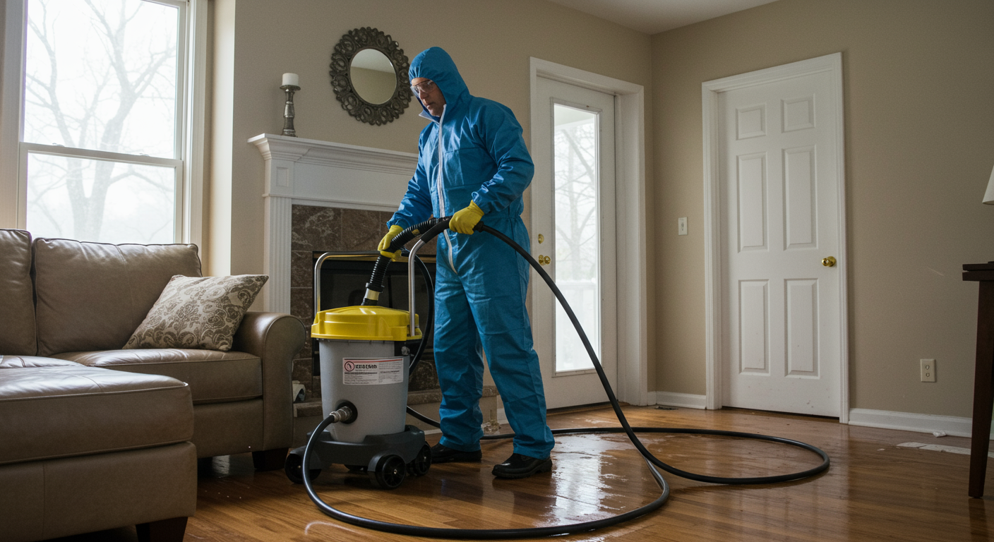 A professional restoration technician in action, using advanced water extraction equipment in a flooded living room. The focus is on the technician as they work diligently to restore the space.