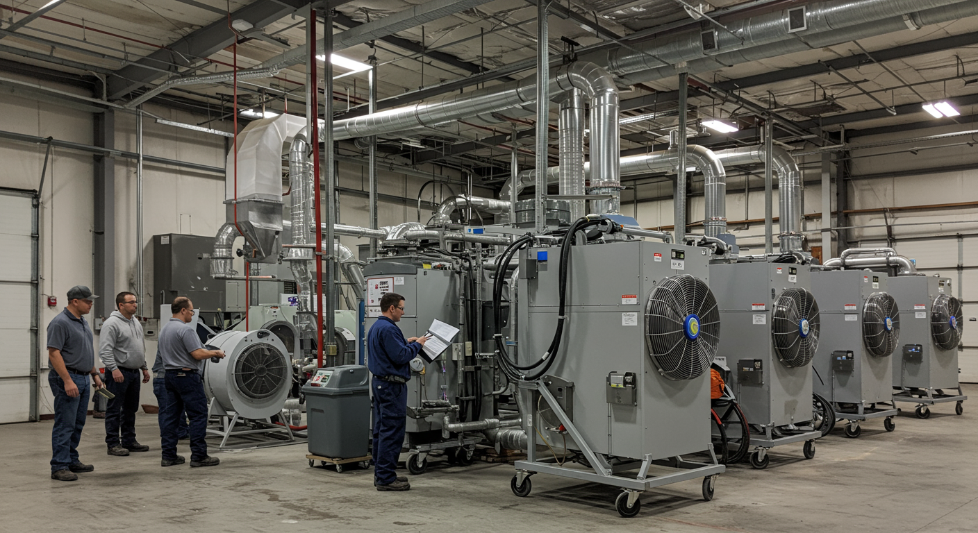 Industrial-grade drying equipment placed strategically in a large commercial space, such as a warehouse or office, with visible air movers and dehumidifiers. The team is monitoring the equipment to ensure efficiency.