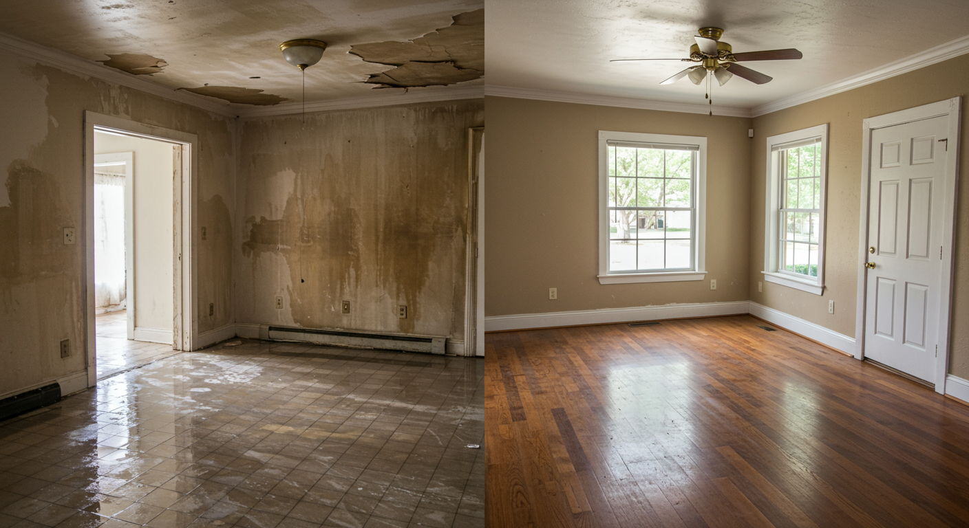 A side-by-side comparison of a water-damaged room before and after cleanup. The 'before' side shows water-stained walls and a soaked floor, while the 'after' side displays a fully restored, clean, and dry room. The setting is a typical Tulsa home interior.