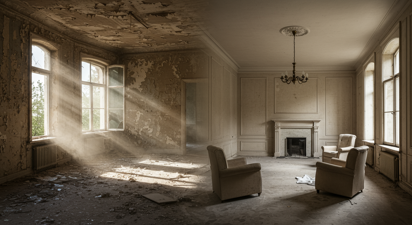 A split image showing a damaged room on one side and the beautifully restored room on the other, emphasizing the transformation.