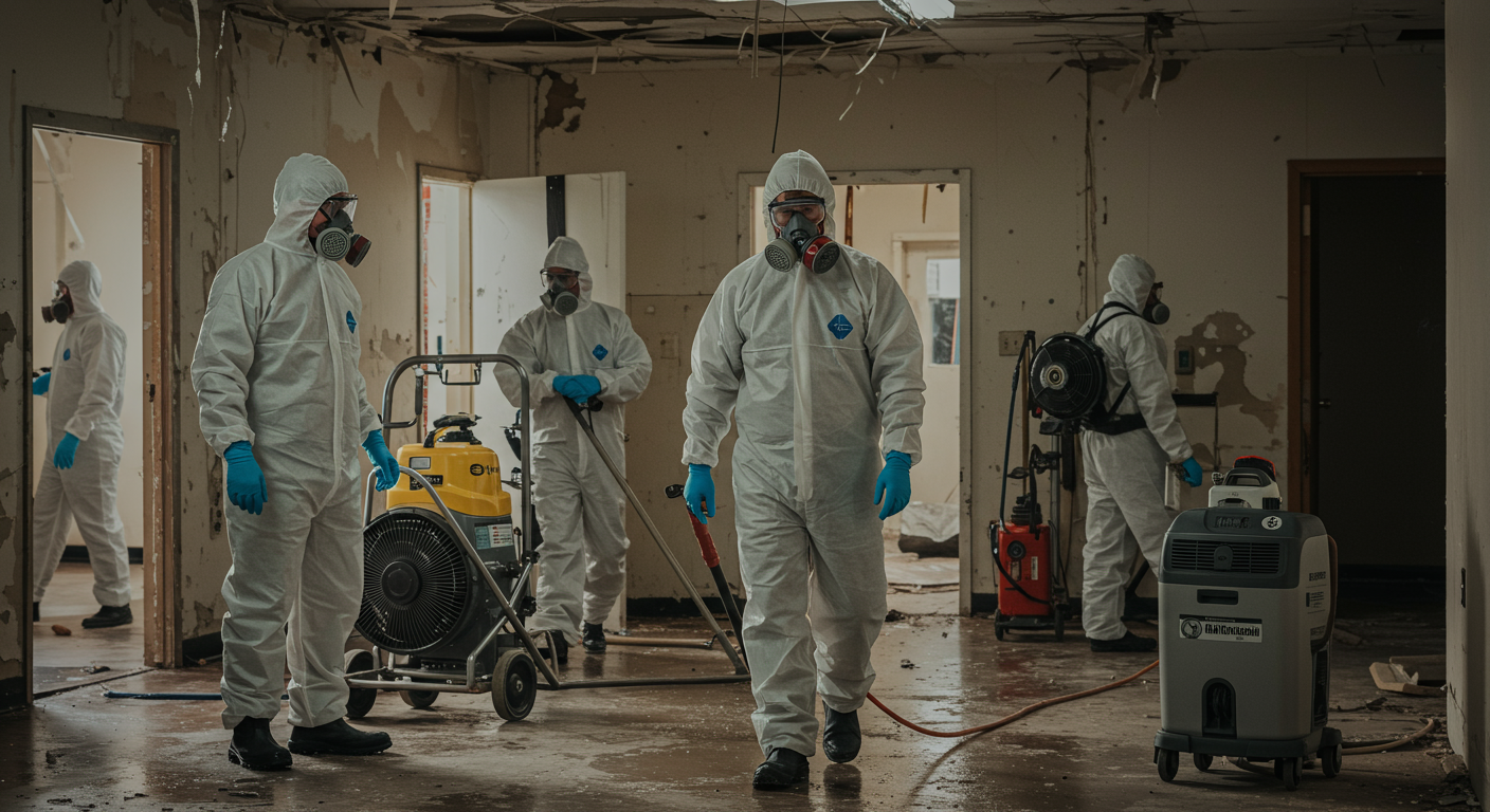A team of professional remediation specialists in protective gear working on a commercial property. The scene includes advanced equipment like air movers, dehumidifiers, and cleaning tools. The background shows a partially cleaned-up area with visible water or fire damage.