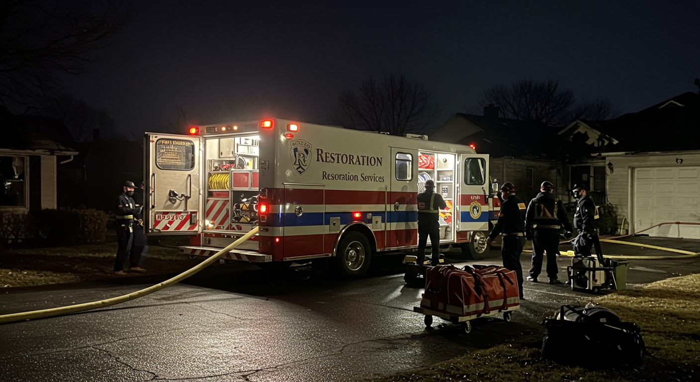 A nighttime scene of an emergency response vehicle parked outside a home with visible fire or water damage. The vehicle is branded with restoration services, and the team is unloading equipment.