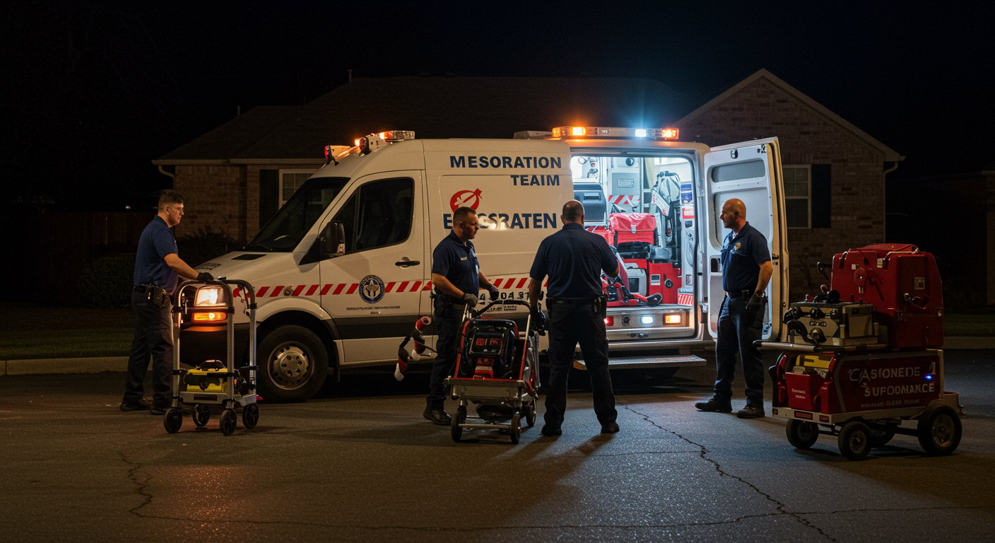 A restoration team arriving at a Tulsa home in the evening with emergency response equipment. The image features a branded van and technicians ready to assist.